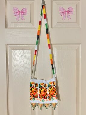 Handmade Mexican Huichol Beadwork Shoulder Bag Orange Flower Design Multicolor